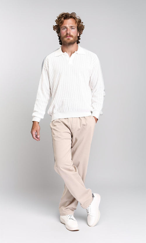 R211360 - Long Sleeves Striped Buttoned Sweater - Off-White