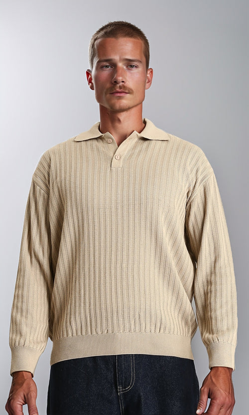 R211361 - Long Sleeves Ribbed Winter Pullover - Dark Beige