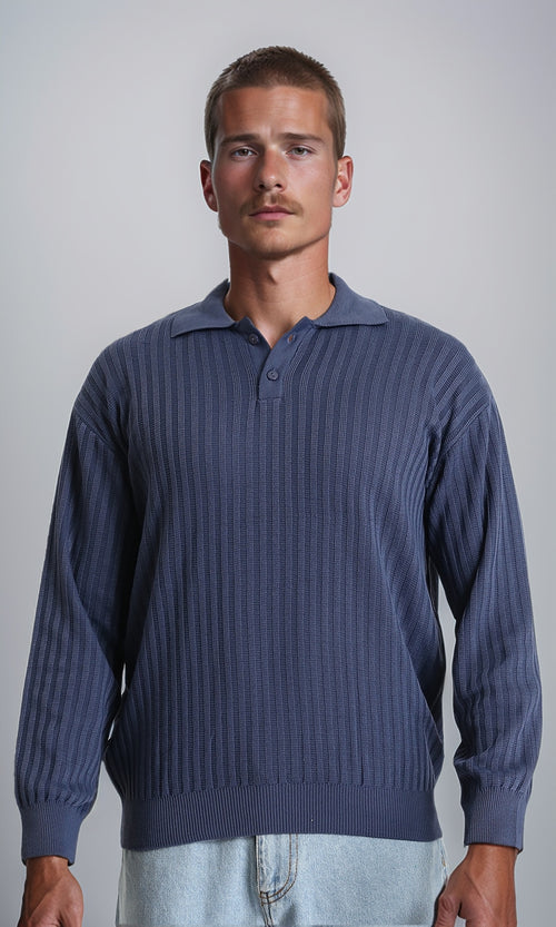 R211362 - Long Sleeves Ribbed Winter Pullover - Light Navy Blue