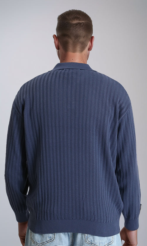 R211362 - Long Sleeves Ribbed Winter Pullover - Light Navy Blue