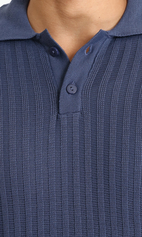 R211362 - Long Sleeves Ribbed Winter Pullover - Light Navy Blue