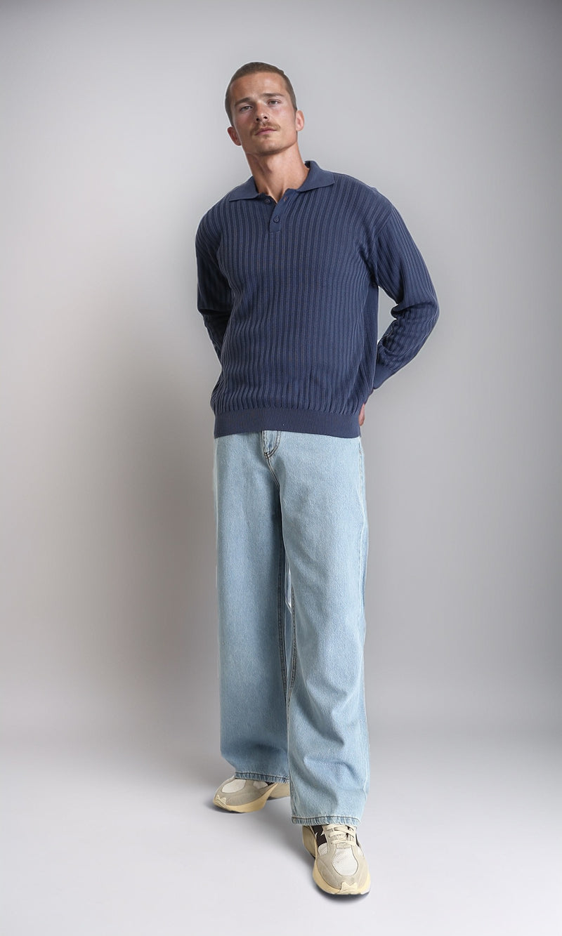 R211362 - Long Sleeves Ribbed Winter Pullover - Light Navy Blue