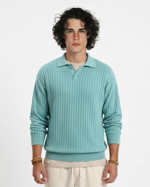 Ravin Men's Ribbed Knit Long-Sleeve Polo - Aqua Teal