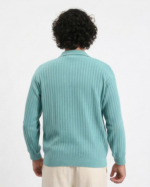 Ravin Men’s Ribbed Knit Long-Sleeve Polo – Aqua Teal - R211364
