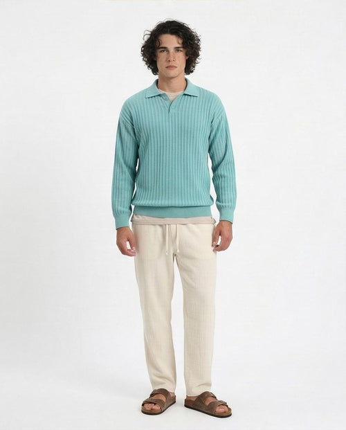 Ravin Men’s Ribbed Knit Long-Sleeve Polo – Aqua Teal - R211364