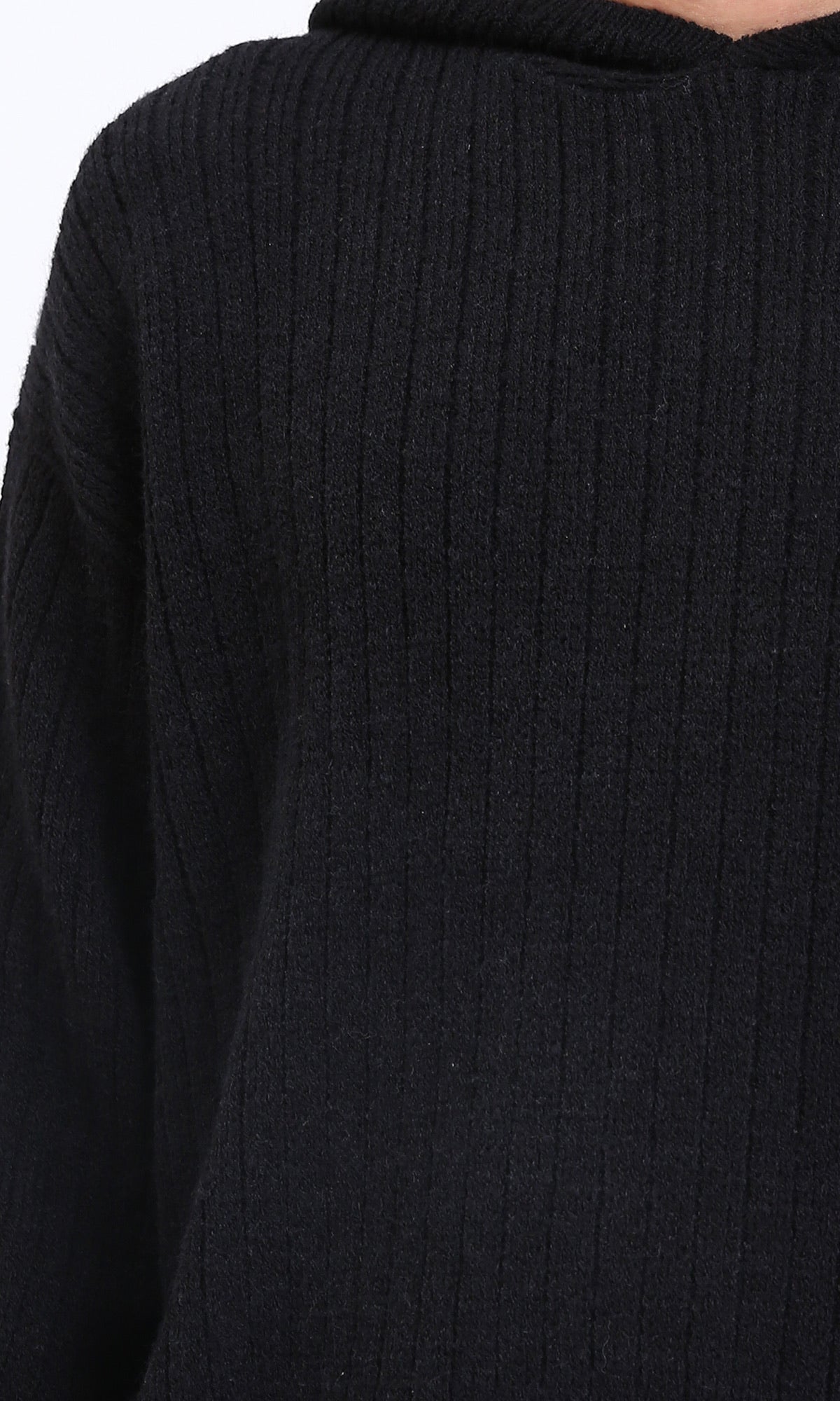 R211367 - سويتر بغطاء رأس كاجوال بقصة عادية - أسود