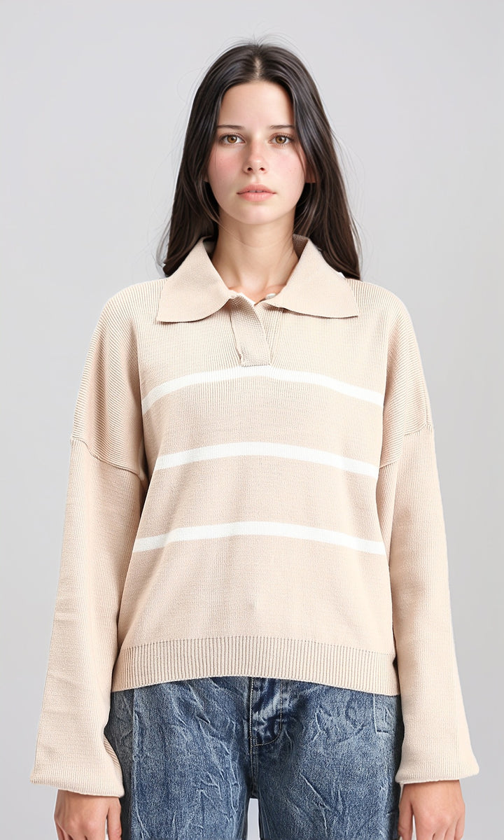 Open Neck Long Sleeves Pullover - Beige & White