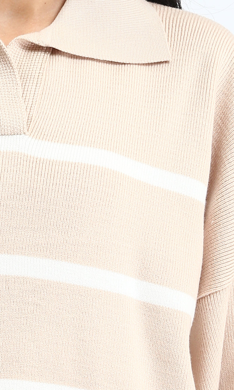 R211368 - Open Neck Long Sleeves Pullover - Beige & White