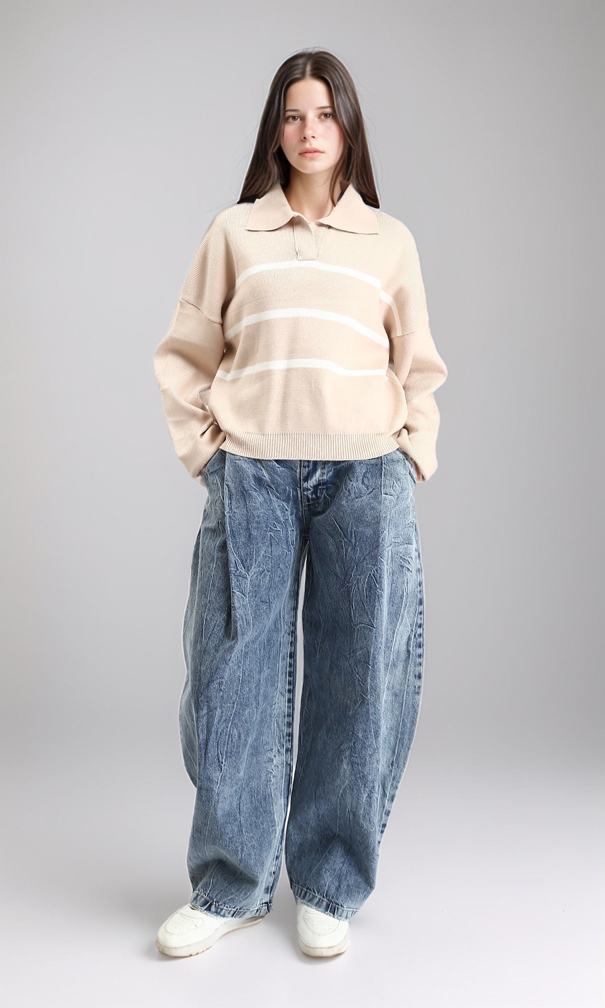 R211368 - Open Neck Long Sleeves Pullover - Beige & White