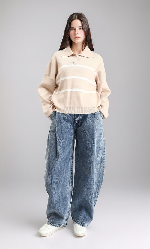 R211368 - Open Neck Long Sleeves Pullover - Beige & White