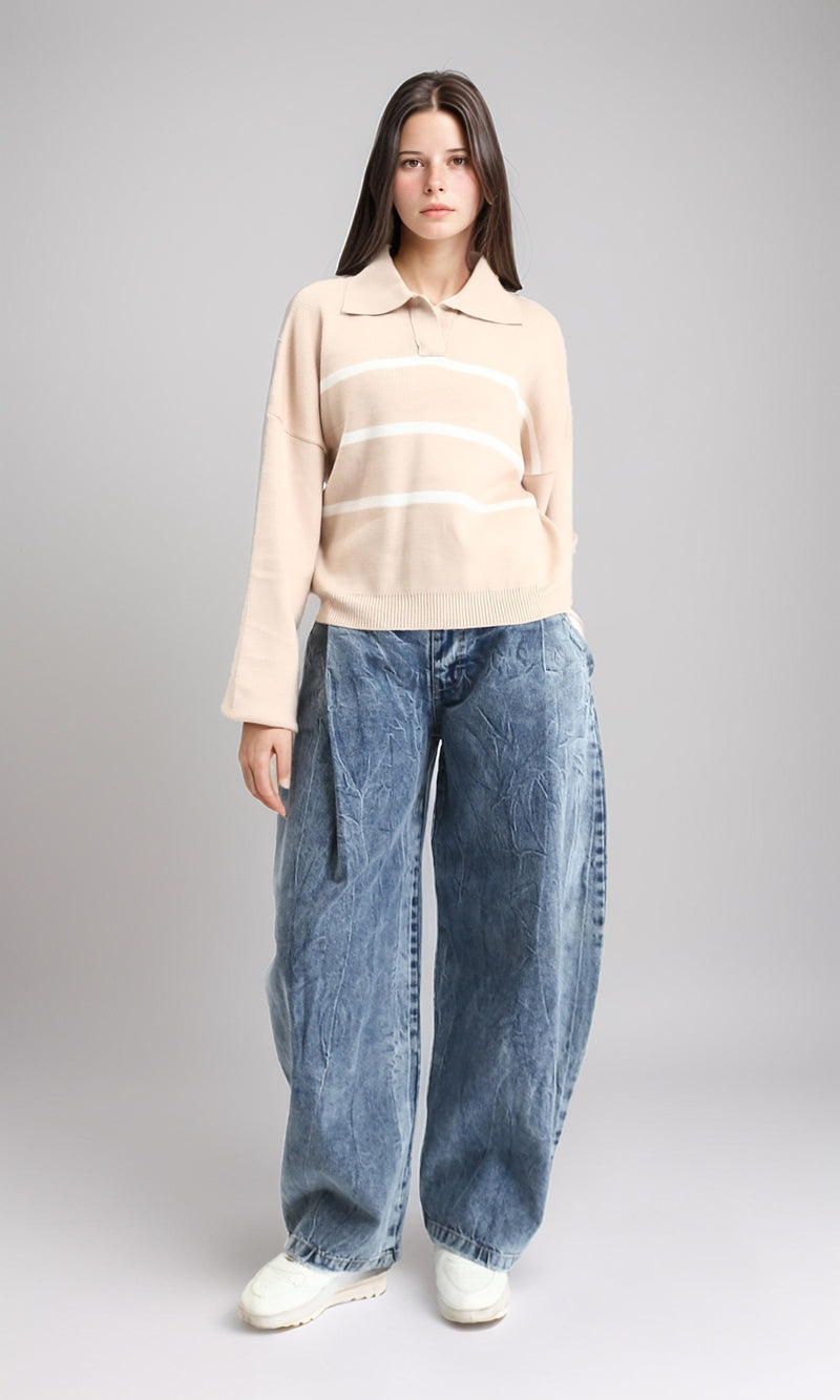 R211368 - Open Neck Long Sleeves Pullover - Beige & White