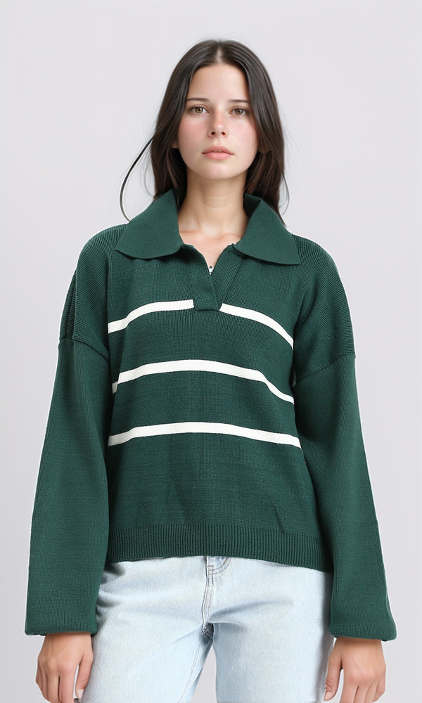 R211369 - Open Neck Long Sleeves Pullover - Dark Green & White