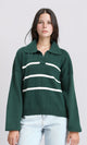 R211369 - Open Neck Long Sleeves Pullover - Dark Green & White
