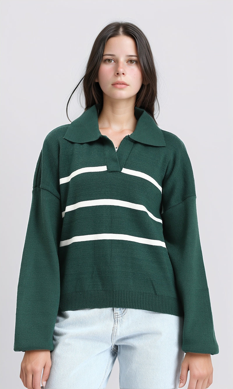 R211369 - Open Neck Long Sleeves Pullover - Dark Green & White