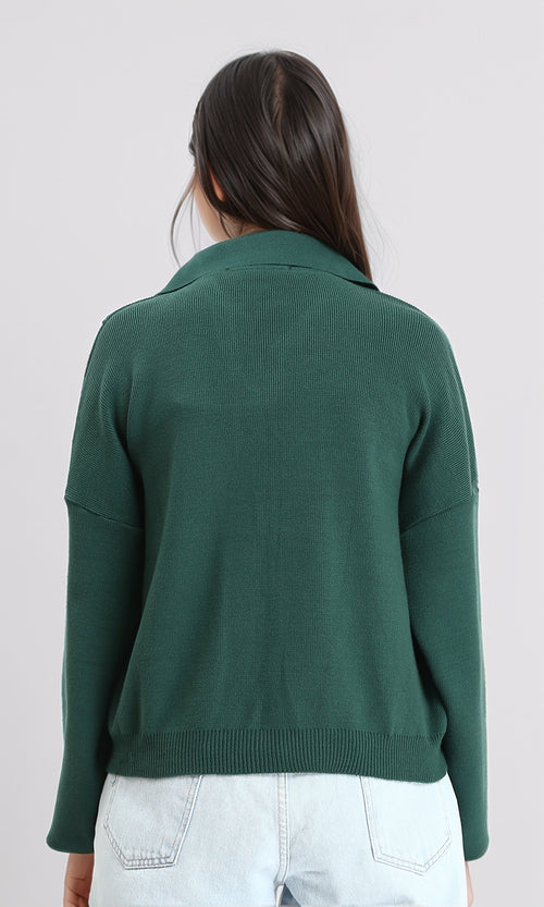 R211369 - Open Neck Long Sleeves Pullover - Dark Green & White