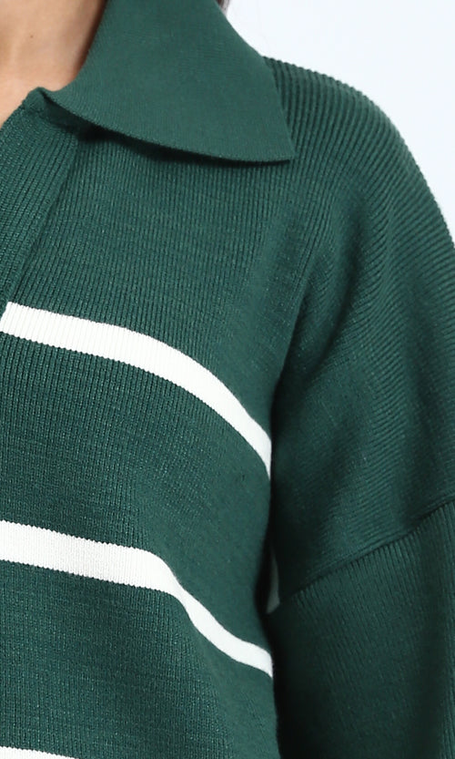 R211369 - Open Neck Long Sleeves Pullover - Dark Green & White