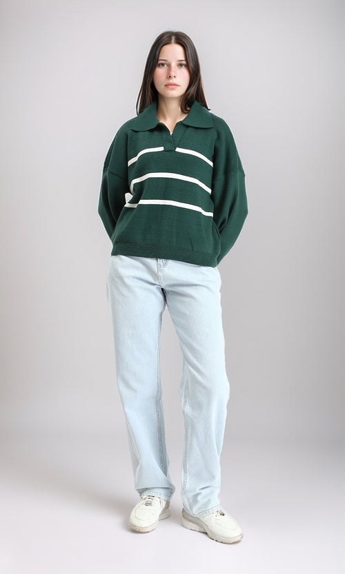 R211369 - Open Neck Long Sleeves Pullover - Dark Green & White