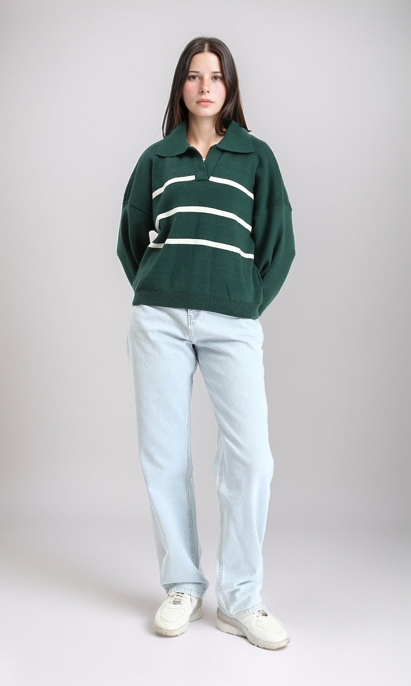 R211369 - Open Neck Long Sleeves Pullover - Dark Green & White