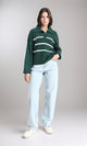 R211369 - Open Neck Long Sleeves Pullover - Dark Green & White