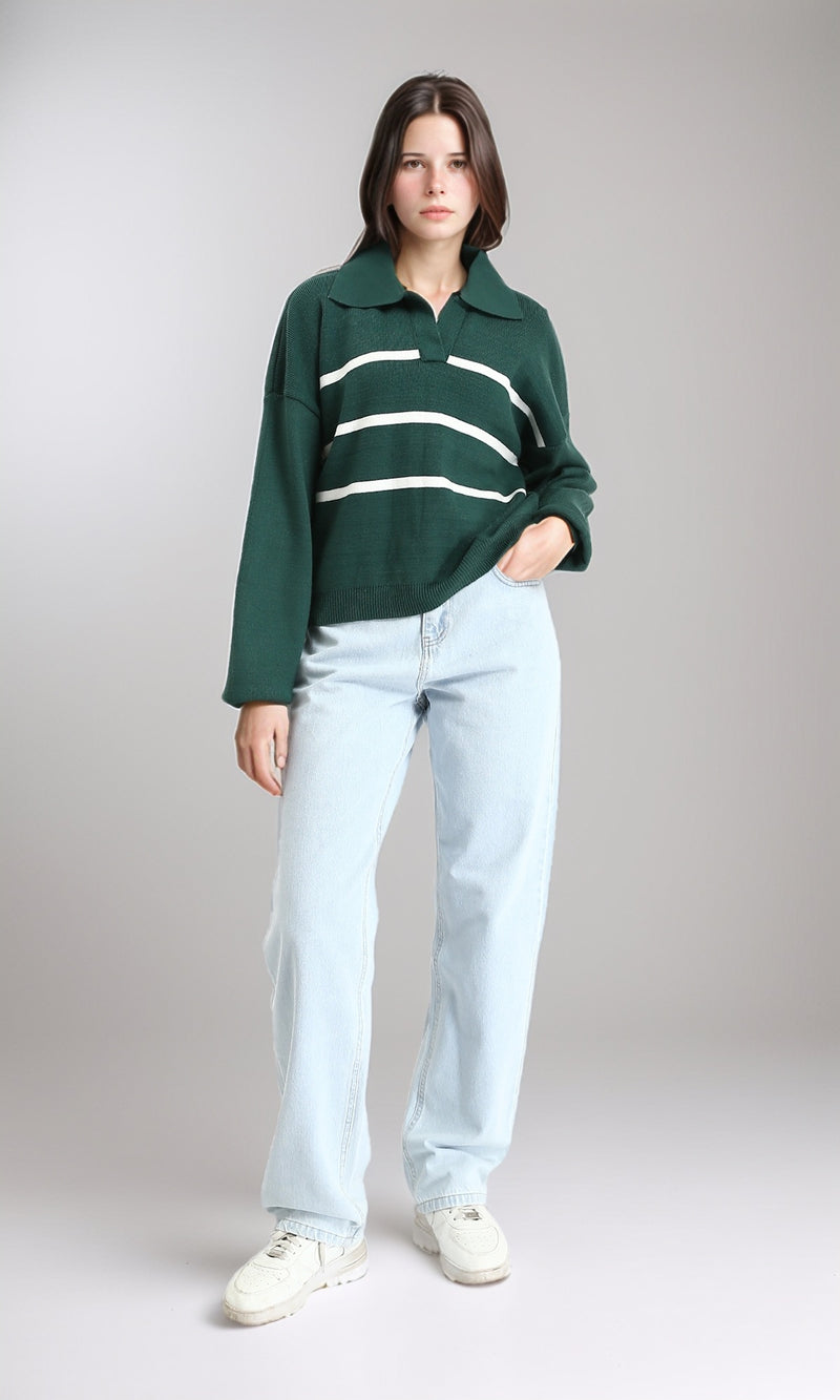 R211369 - Open Neck Long Sleeves Pullover - Dark Green & White