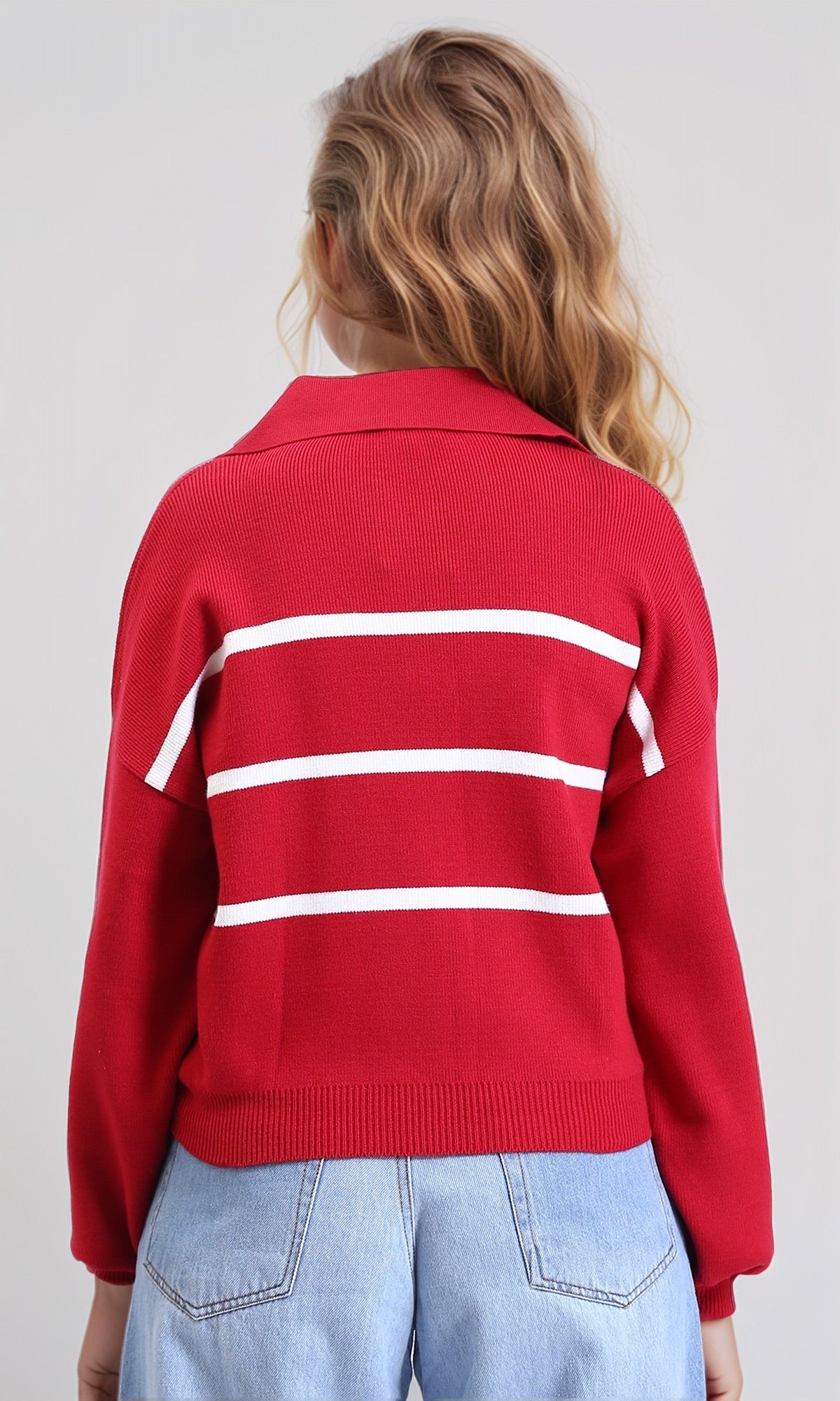 Red White Striped Collared Pullover