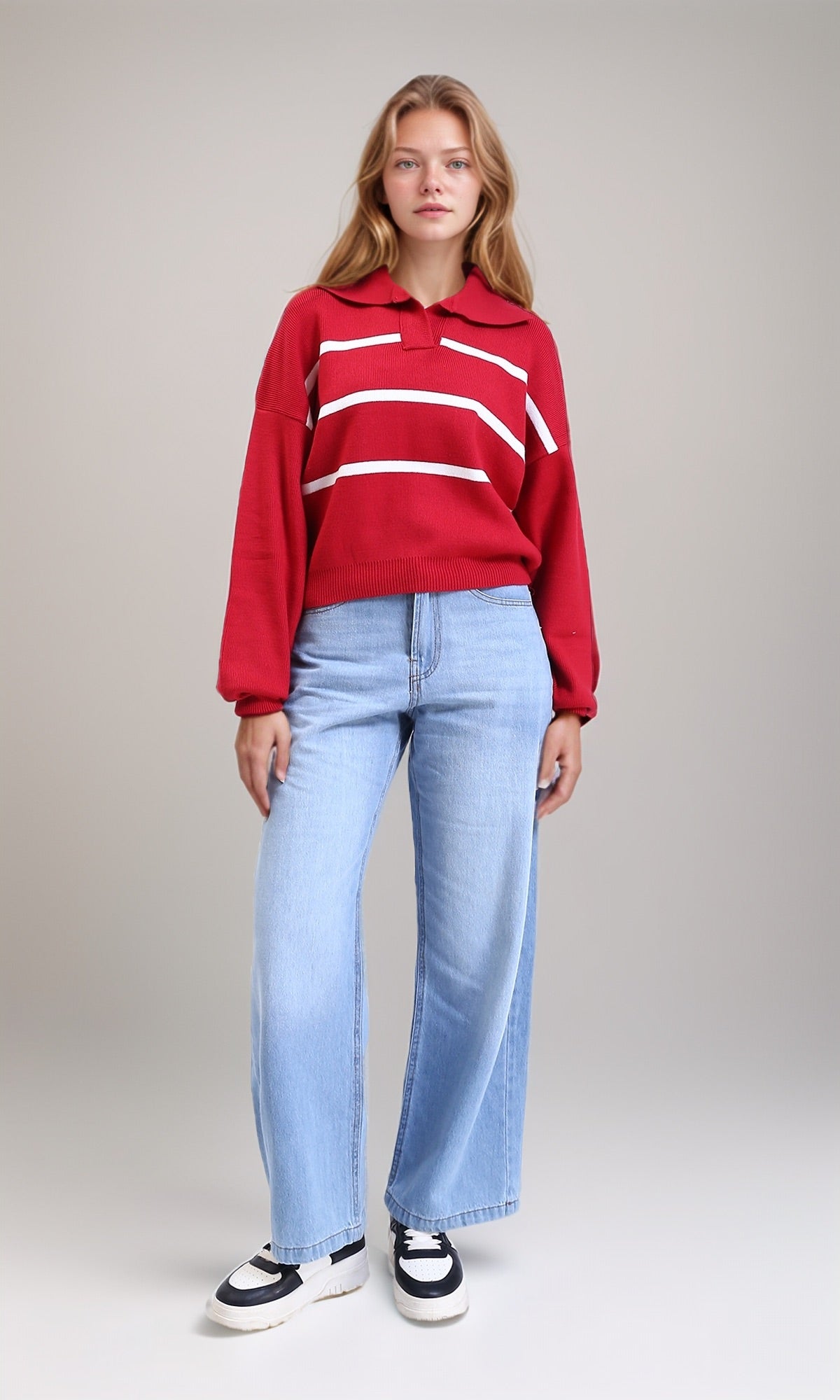 Red White Striped Collared Pullover