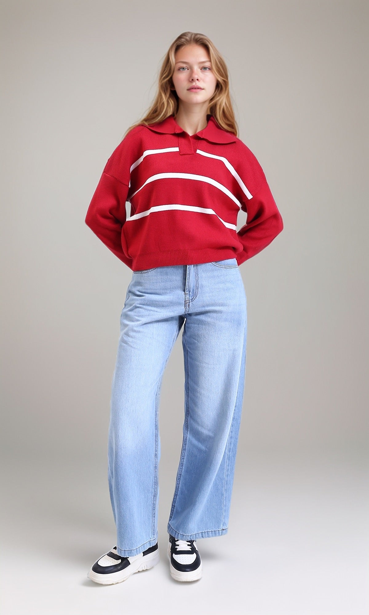 Red White Striped Collared Pullover