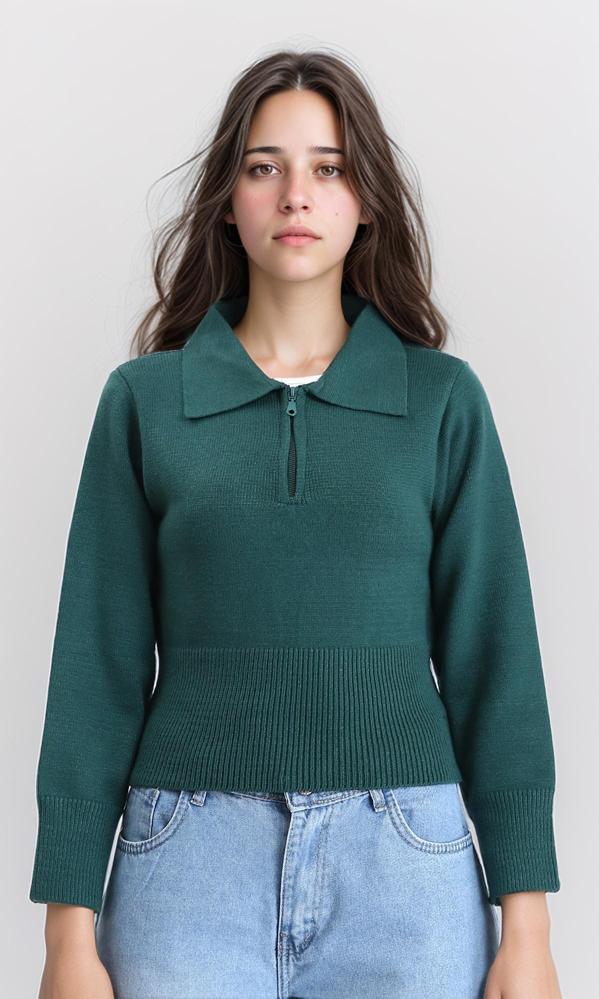 Zipped Neck Regular Fit Pullover - Dark Green