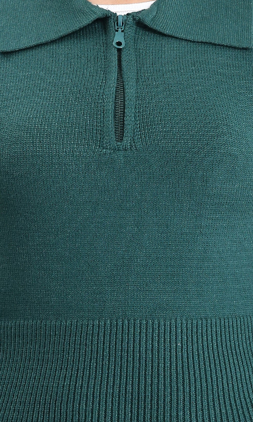 R211371 - Zipped Neck Regular Fit Pullover - Dark Green