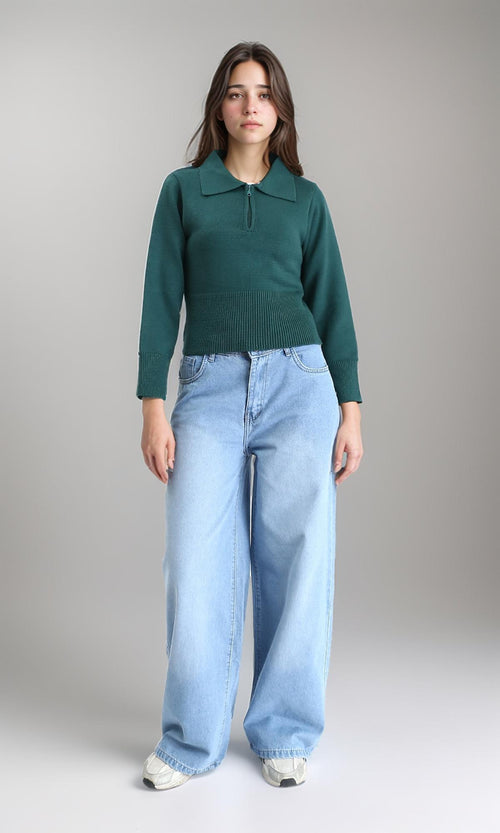 R211371 - Zipped Neck Regular Fit Pullover - Dark Green