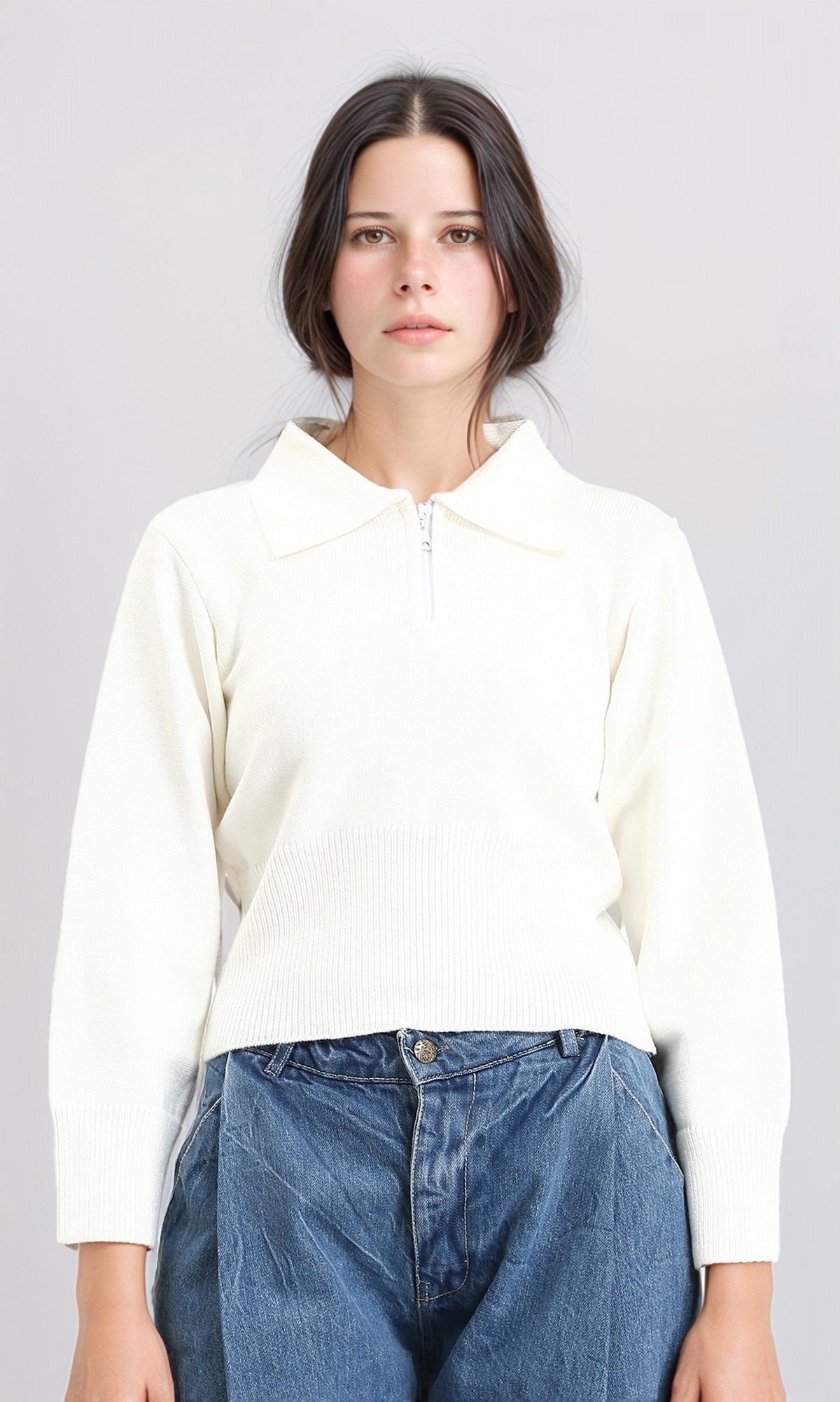 Turn Down Collar Zipper Sweater - Off-White