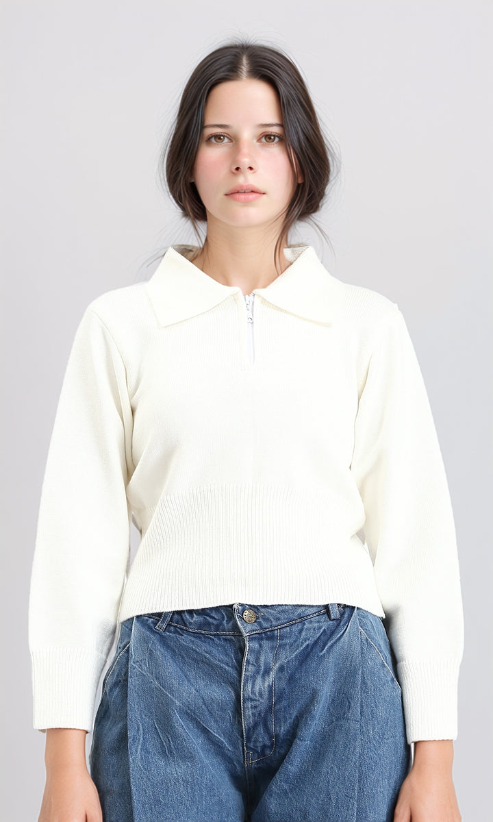 Turn Down Collar Zipper Sweater - Off-White