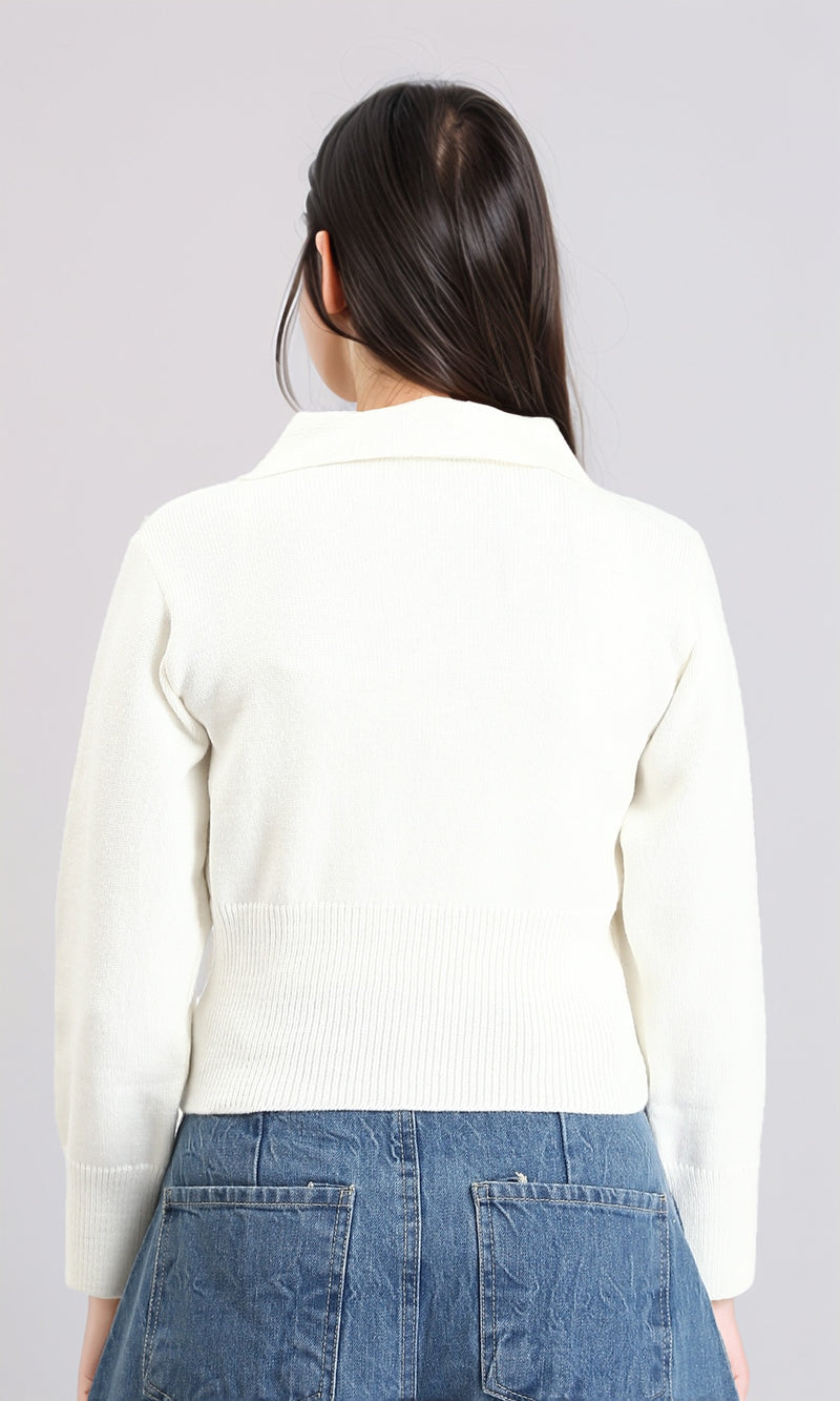 R211373 - Turn Down Collar Zipper Sweater - Off-White