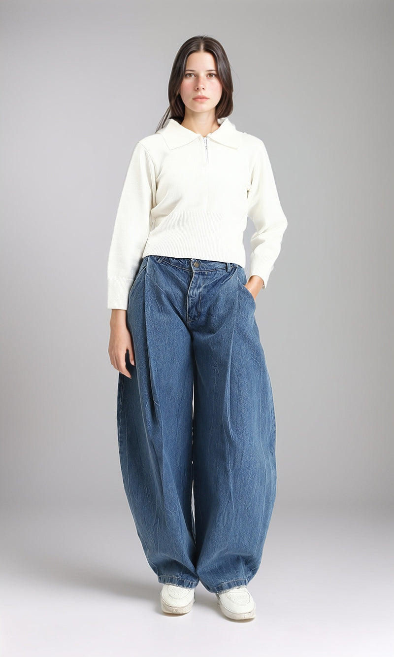 R211373 - Turn Down Collar Zipper Sweater - Off-White