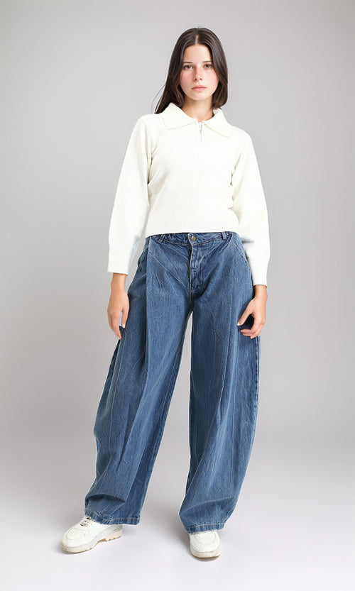 Off-White Half-Zip Turn Down Collar Sweater - R211373