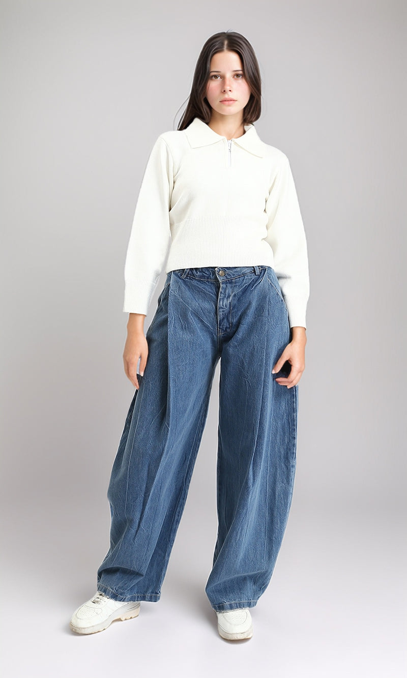 R211373 - Turn Down Collar Zipper Sweater - Off-White