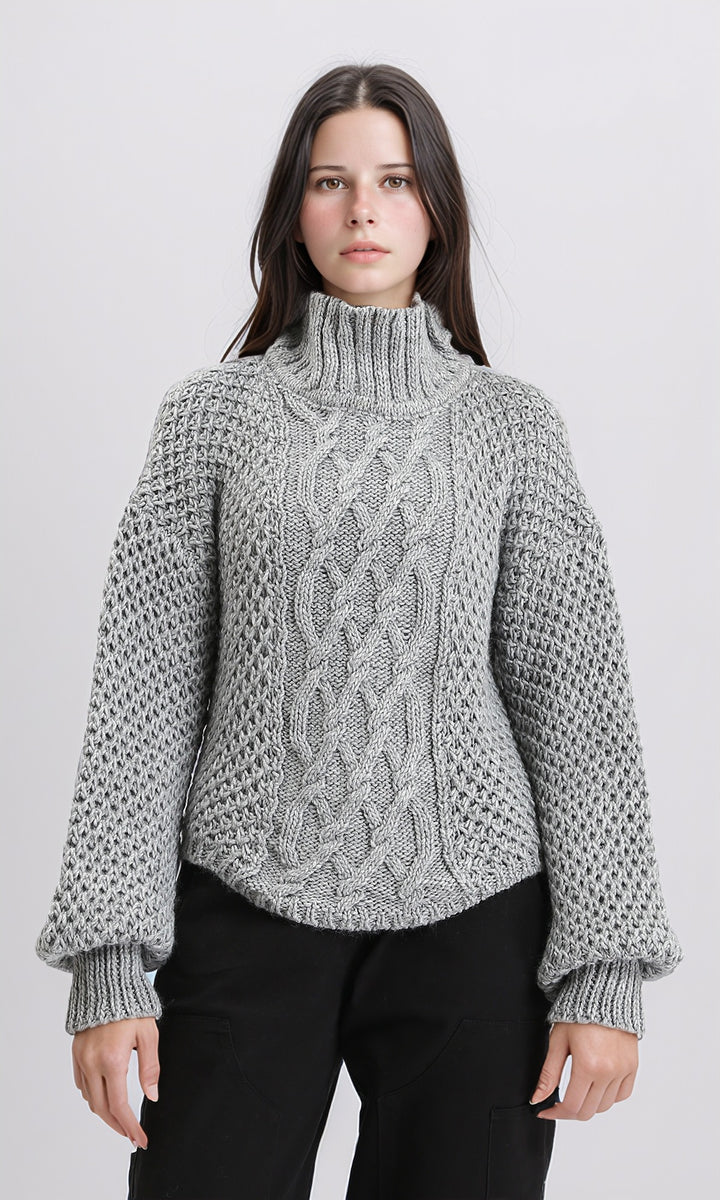 Chunky Knit Pullover with High-Neck - Dark Grey