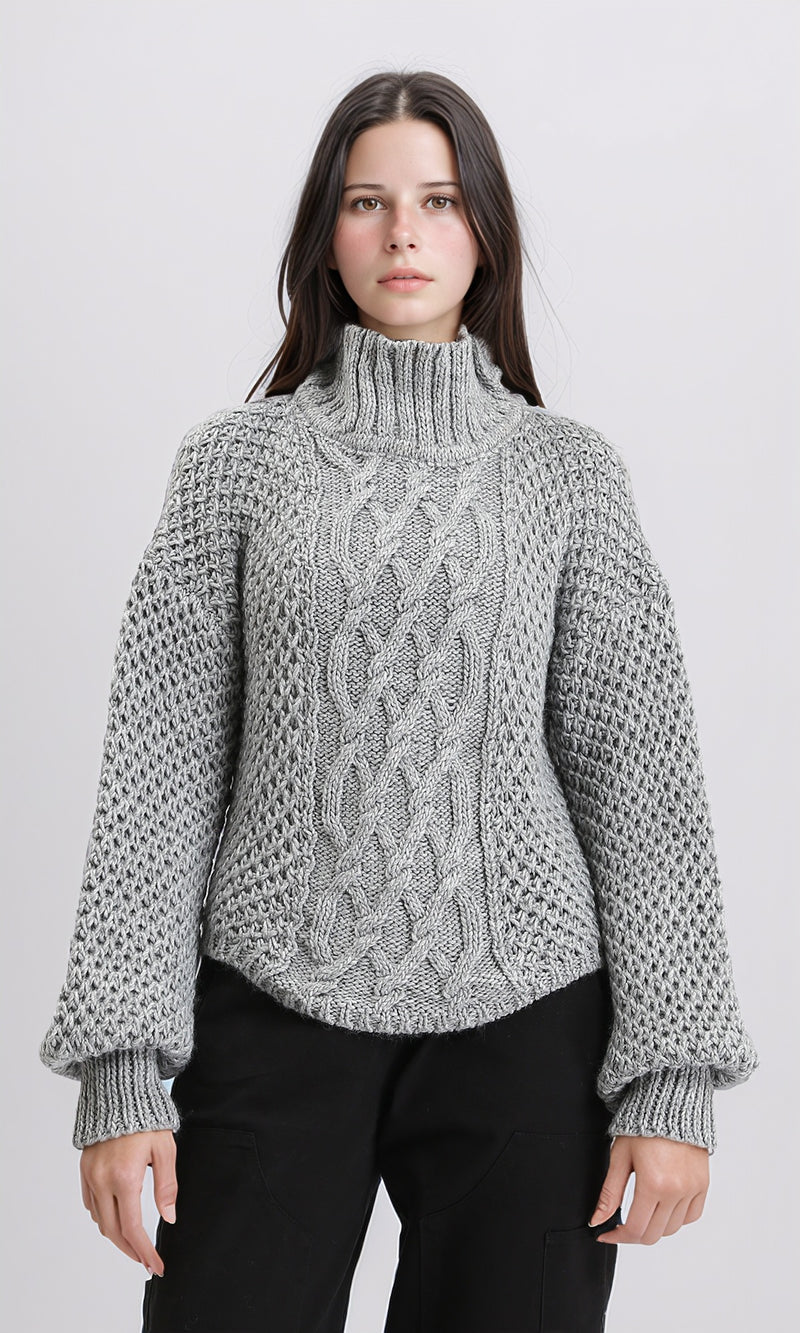 R211374 - Chunky Knit Pullover with High-Neck - Dark Grey