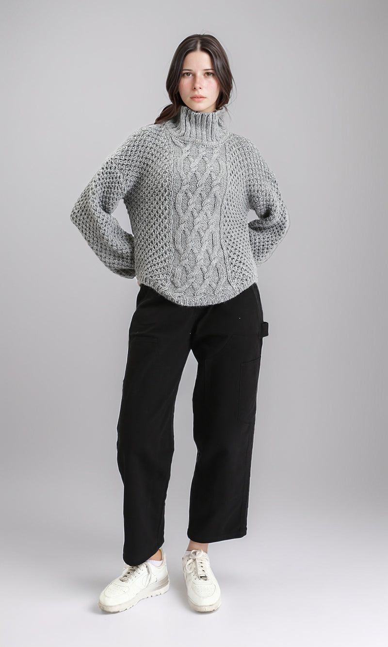 R211374 - Chunky Knit Pullover with High-Neck - Dark Grey