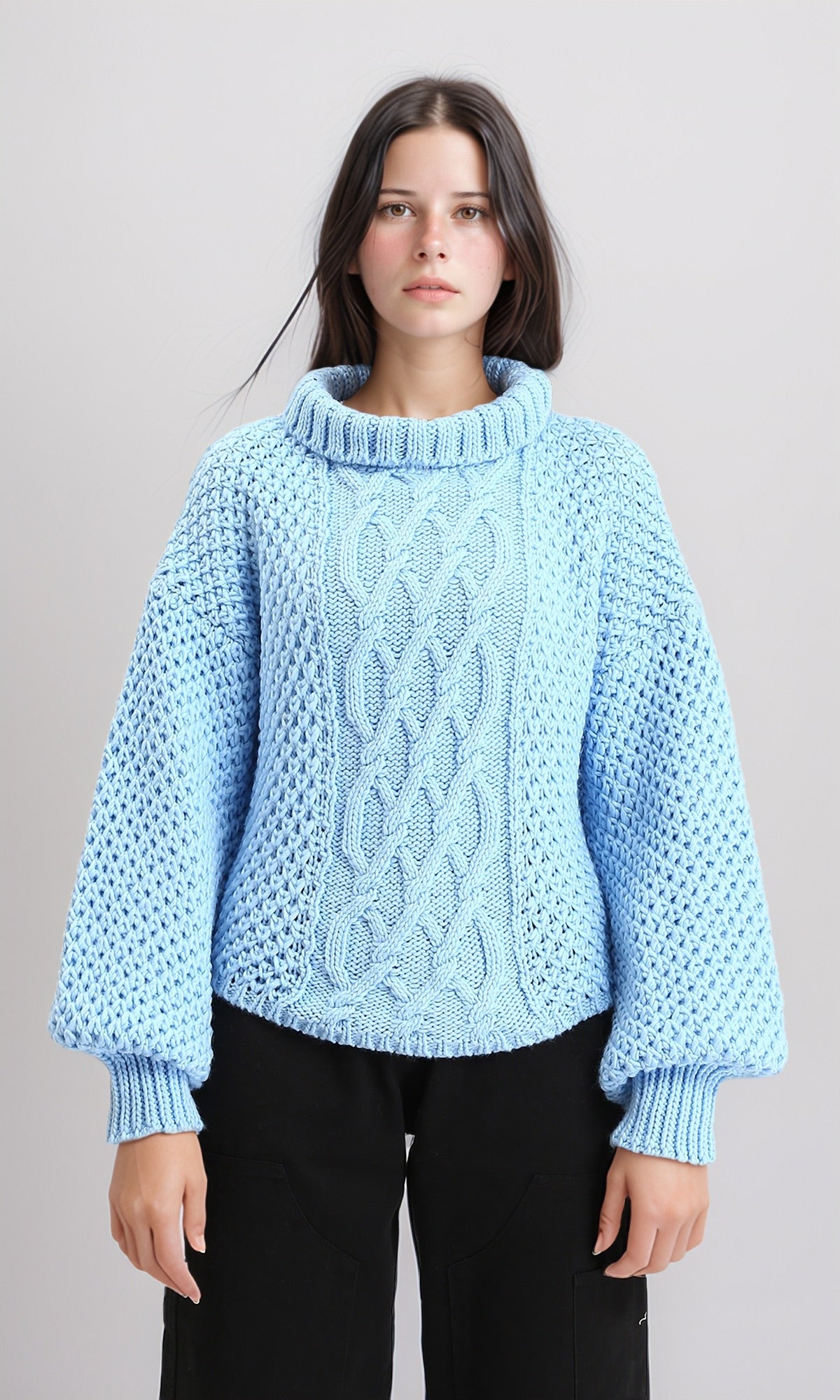 Chunky Knit Pullover with High-Neck - Light Blue