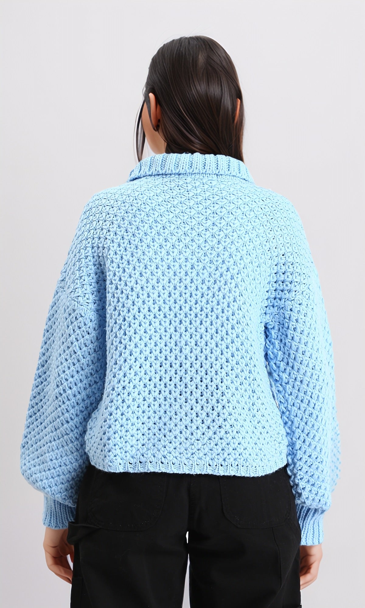 R211375 - Chunky Knit Pullover with High-Neck - Light Blue