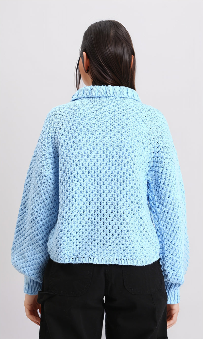 R211375 - Chunky Knit Pullover with High-Neck - Light Blue
