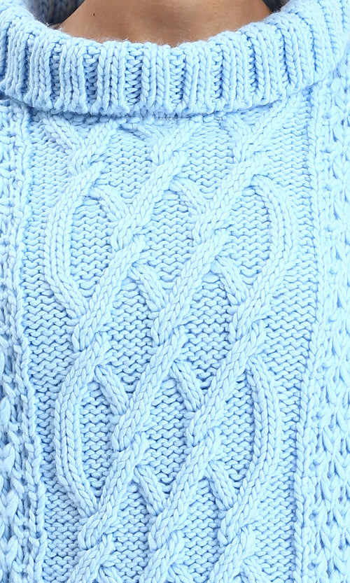 R211375 - Chunky Knit Pullover with High-Neck - Light Blue