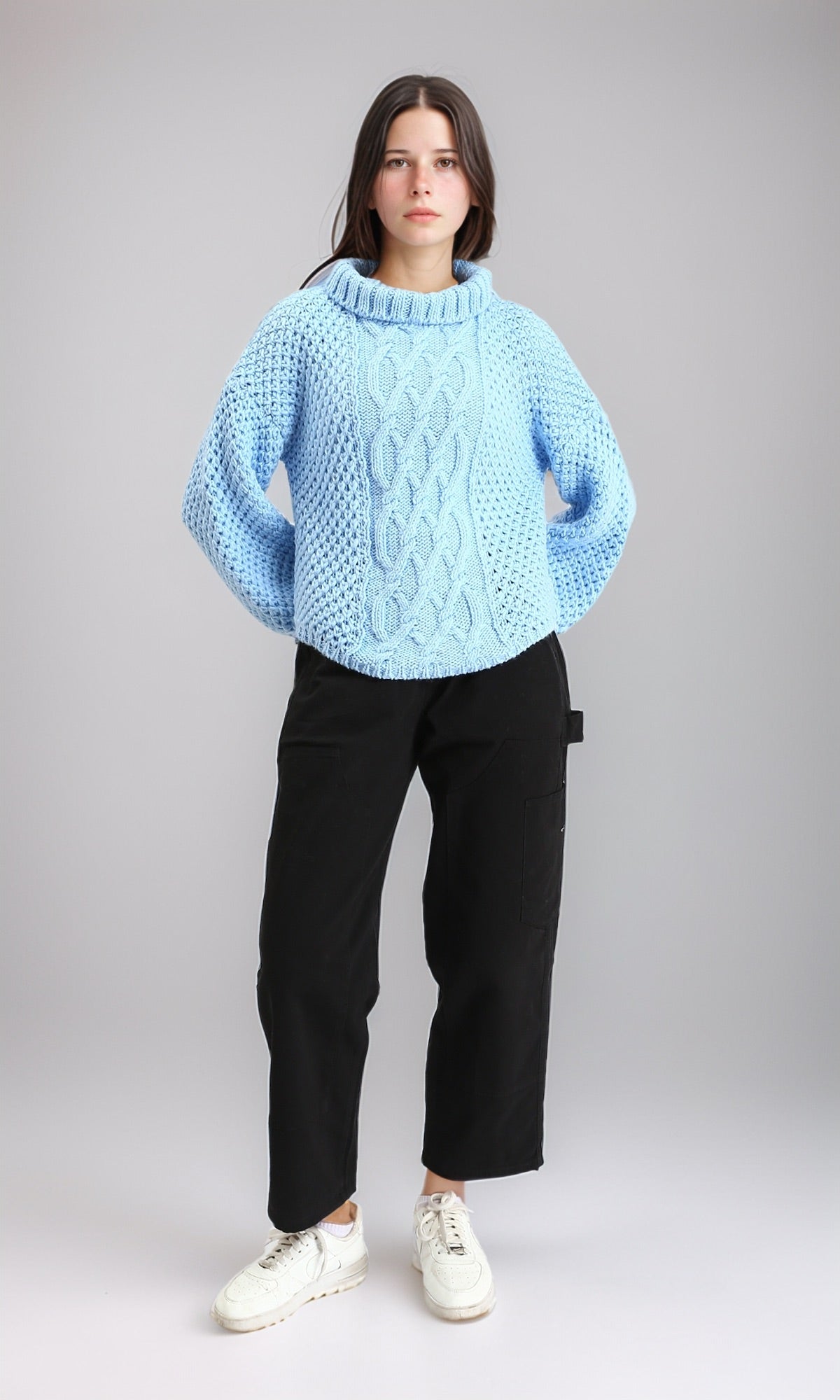 R211375 - Chunky Knit Pullover with High-Neck - Light Blue