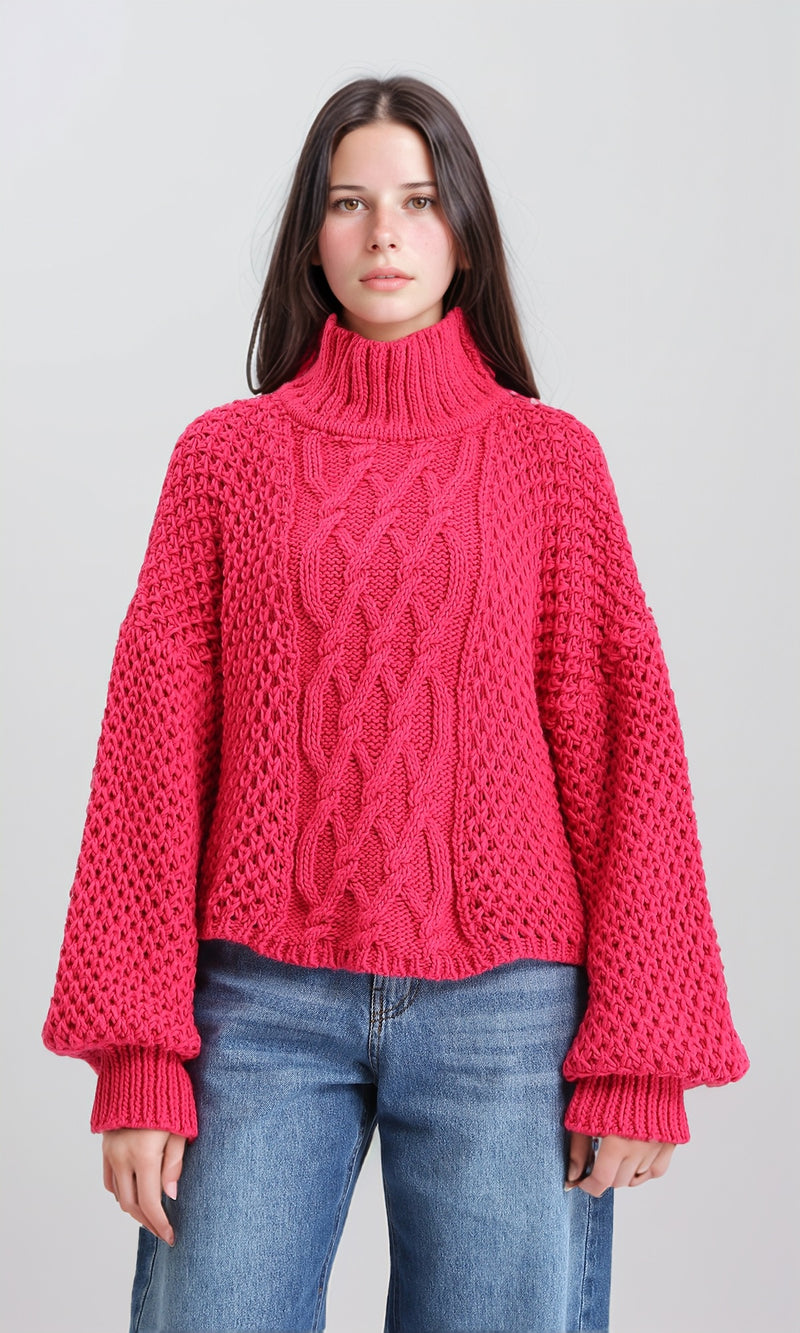 R211376 - Chunky Knit Pullover with High-Neck - Fuchsia