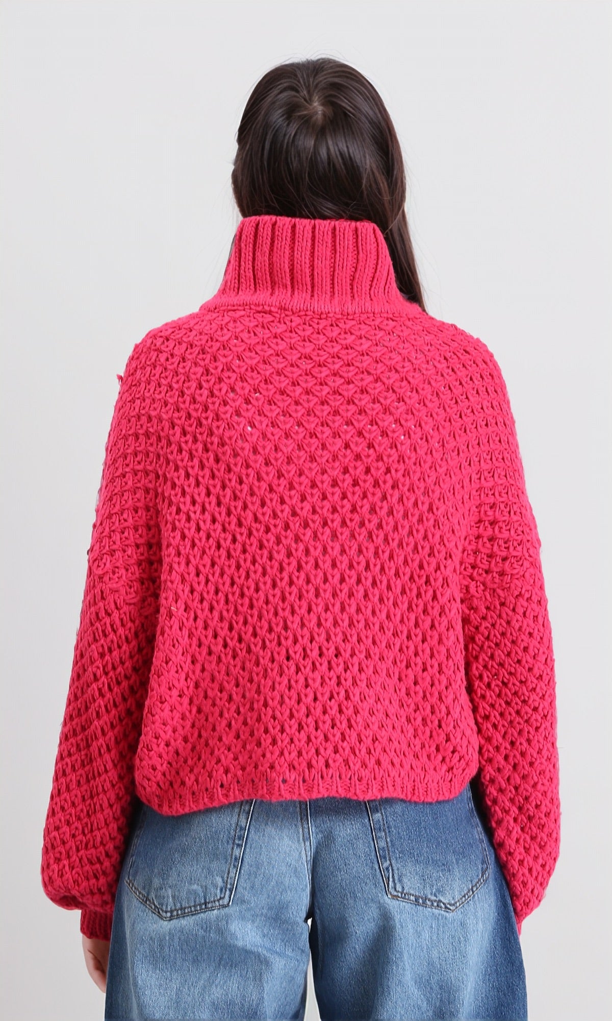 R211376 - Chunky Knit Pullover with High-Neck - Fuchsia