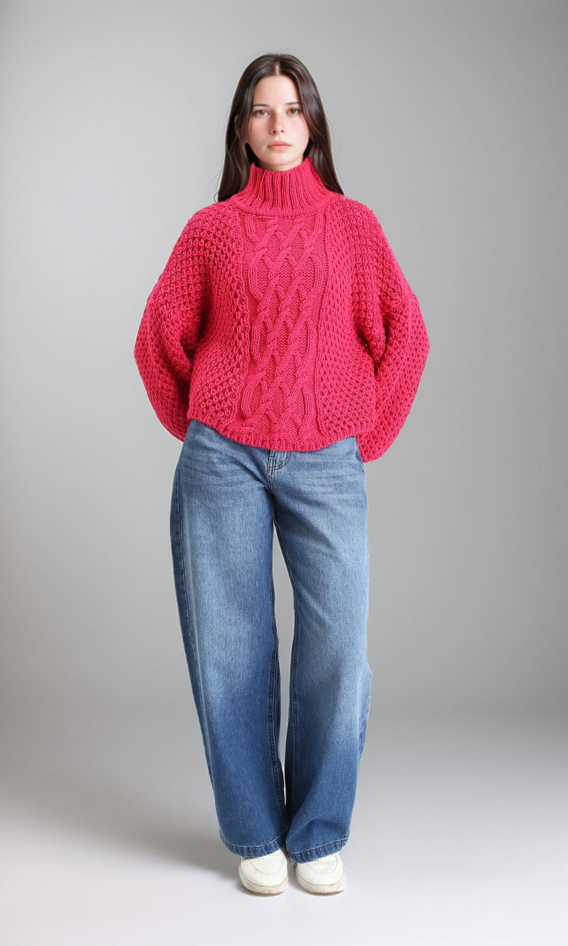 R211376 - Chunky Knit Pullover with High-Neck - Fuchsia