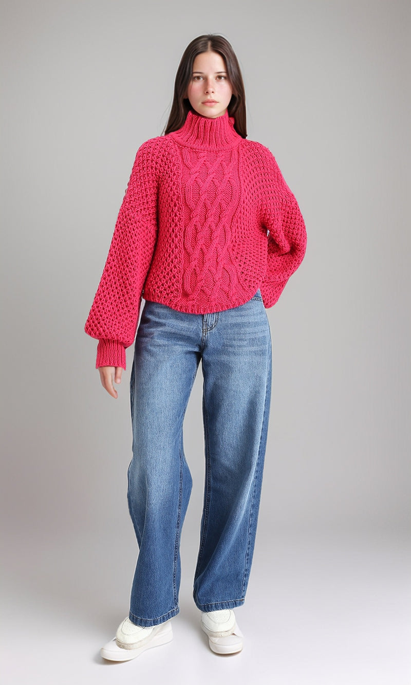 R211376 - Chunky Knit Pullover with High-Neck - Fuchsia