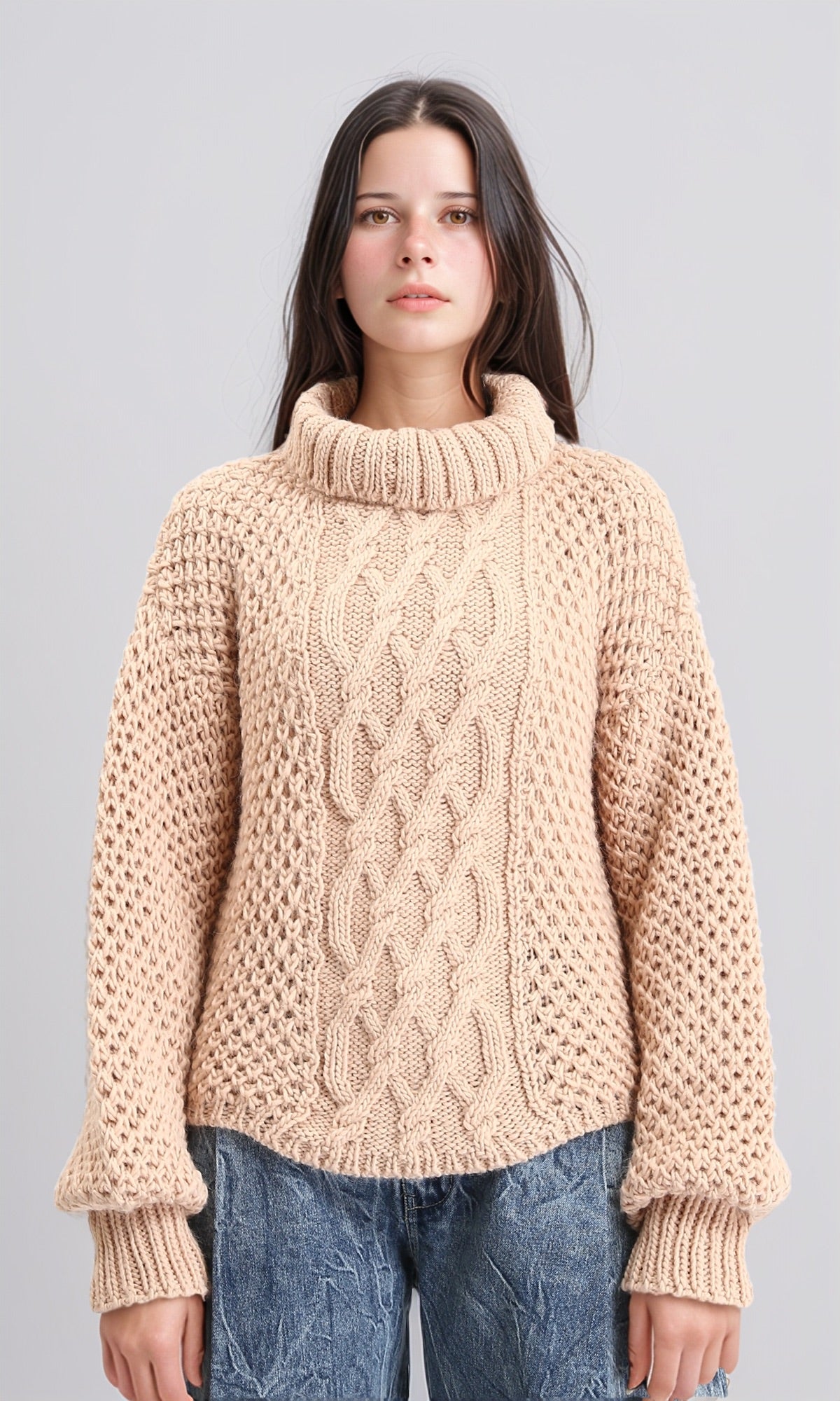 Chunky Knit Pullover with High-Neck - Nude