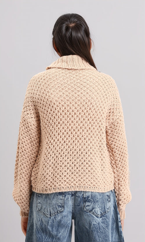 R211377 - Chunky Knit Pullover with High-Neck - Nude